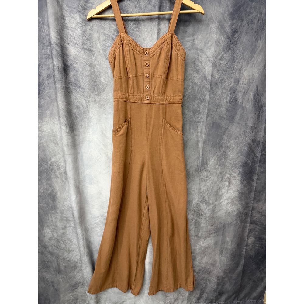 Japna Women Small Brown Linen Blend Wide Leg Button Front Smocked Back Jumpsuit